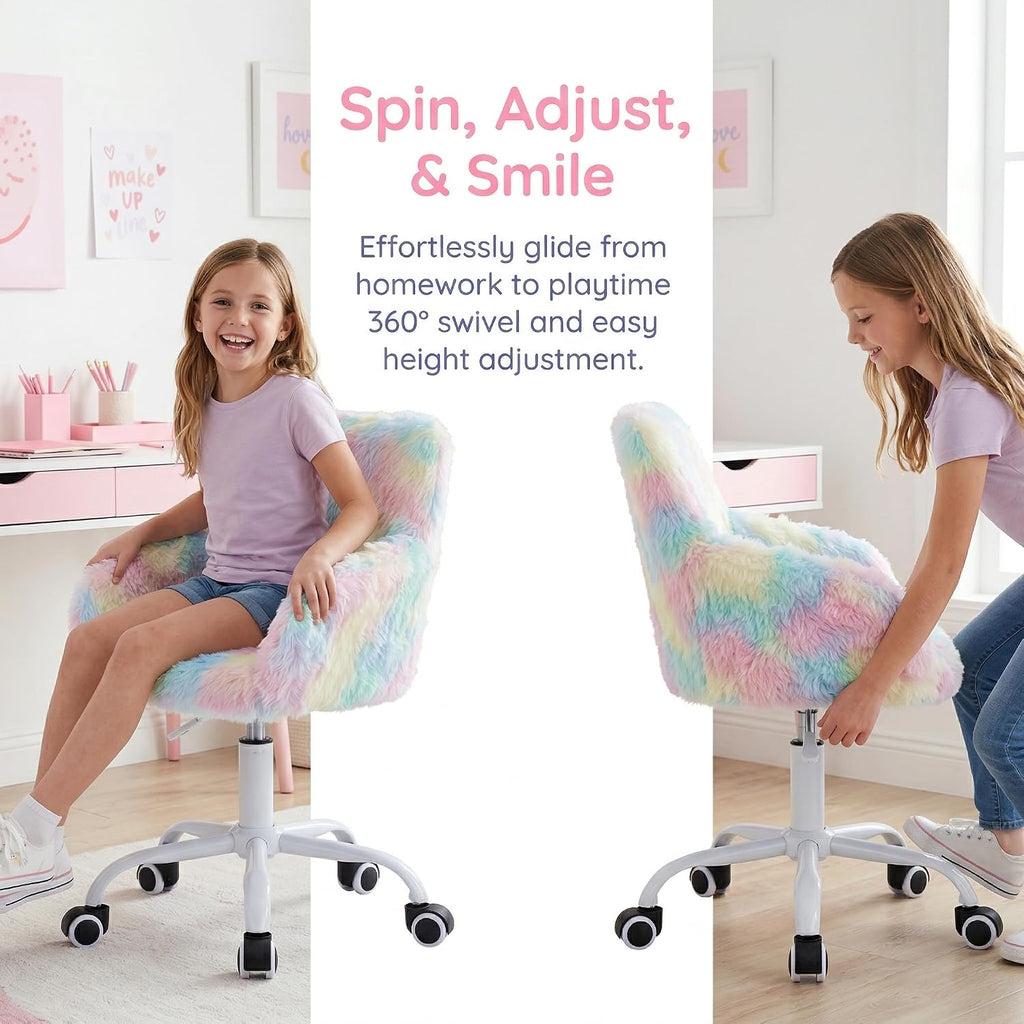 DUOMAY Kids Desk Chair, Faux Fur Colorful Upholstered Computer Chair for Boys and Girls, Cute Study Swivel Height Adjustable Arm Chair for Child, Rainbow Color