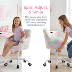 DUOMAY Kids Desk Chair, Faux Fur Colorful Upholstered Computer Chair for Boys and Girls, Cute Study Swivel Height Adjustable Arm Chair for Child, Rainbow Color