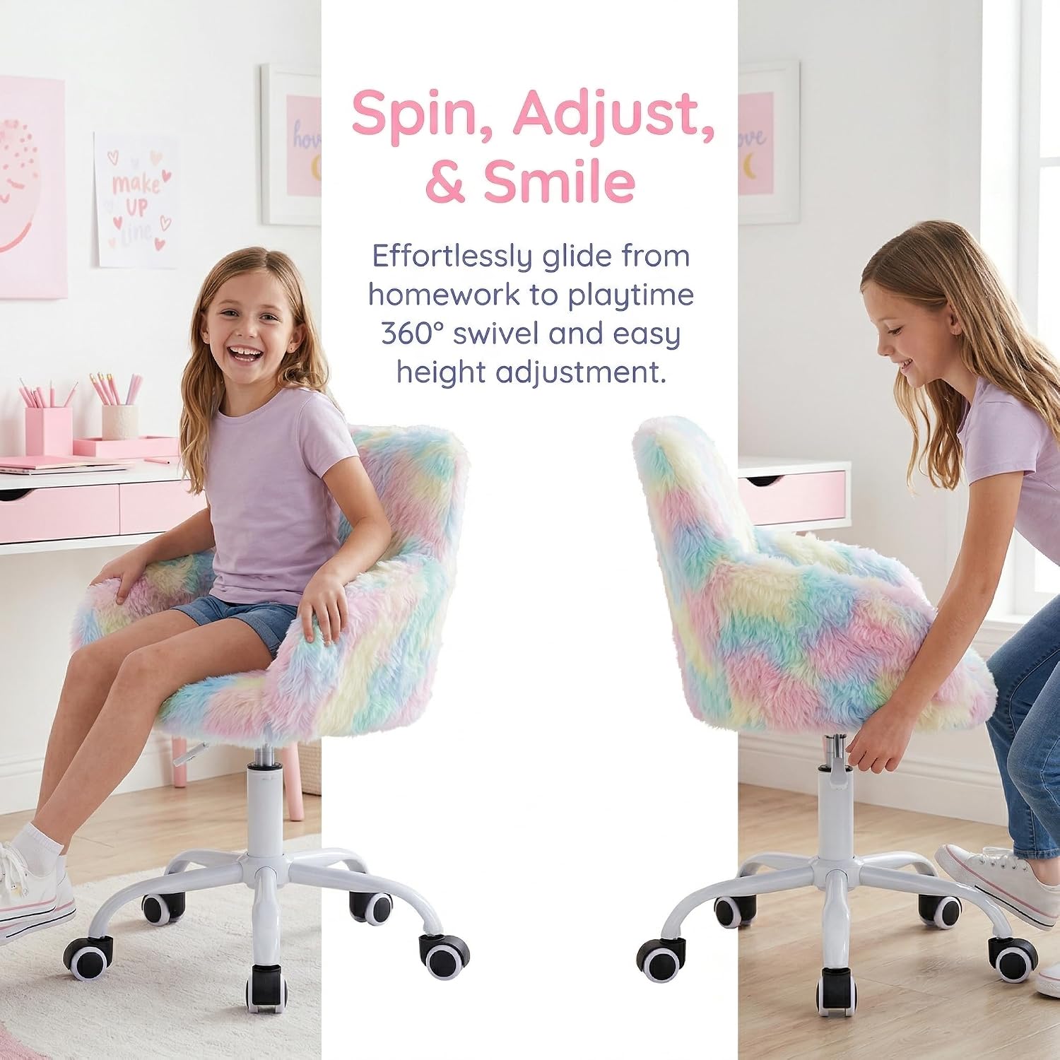 DUOMAY Kids Desk Chair, Faux Fur Colorful Upholstered Computer Chair for Boys and Girls, Cute Study Swivel Height Adjustable Arm Chair for Child, Rainbow Color