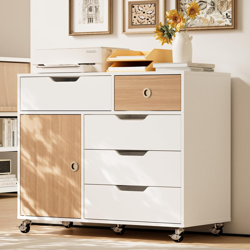 5 Drawers Mobile File Cabinet with Door, Rolling File Cabinet Printer Stand Table Craft Storage Cabinet, Under Desk Wooden Filing Cabinets for Home Office Essentials Storage Organization Furniture