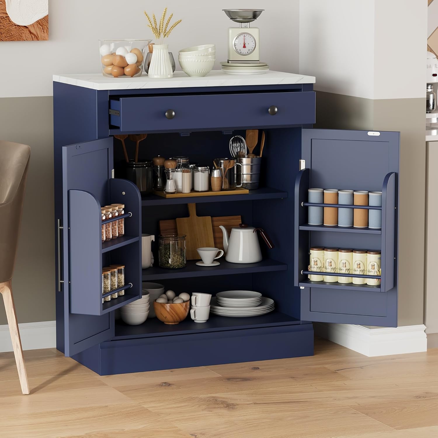 Merax Kitchen Pantry Storage Cabinet Freestanding Cupboard with Darwer, 2 Adjustable Shelves and 2 Door Shelves Coffee Bar Cabinet for Kitchen, Dining, Living Room, Blue x 2