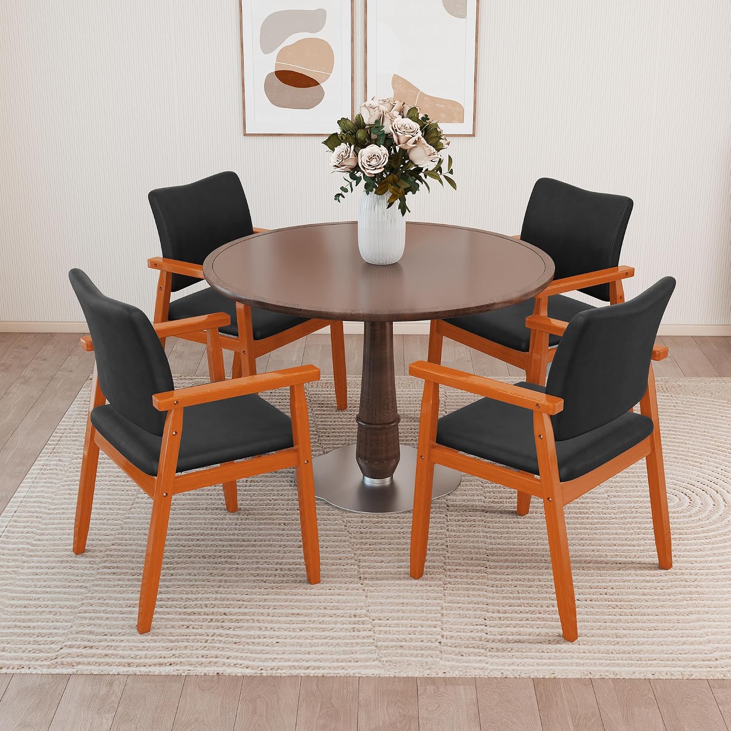 Dining Chairs with Arms Set of 4, Wood Frame Faux Leather Kitchen Chairs, Comfortable Upholstered Accent Chairs for Kitchen, Dining Room,and Living Room(Black)