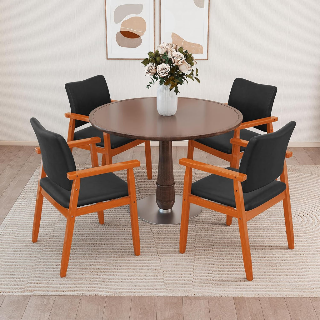 Dining Chairs with Arms Set of 4, Wood Frame Faux Leather Kitchen Chairs, Comfortable Upholstered Accent Chairs for Kitchen, Dining Room,and Living Room(Black)