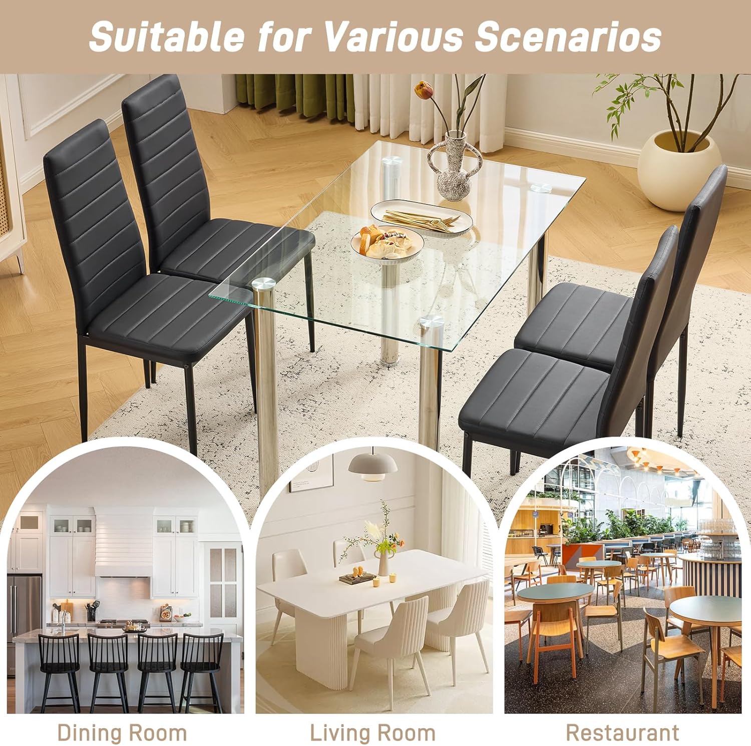 Karl home Dining Chairs Set of 4, PU Leather Balck Kitchen Chairs with Padded High Back & Foot Cap Protection for Dining Kitchen Living Room,300lbs Capacity,Space-Saving