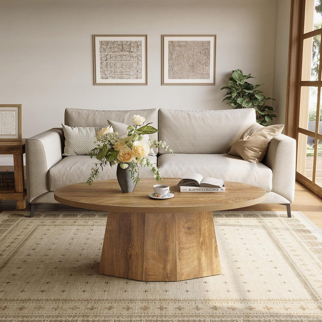 Oval Coffee Table, 47-Inch Living Room Table with Polygonal Pedestal, Modern Center Accent Furniture, Child-Friendly, Easy Assembly, Yellowish Brown