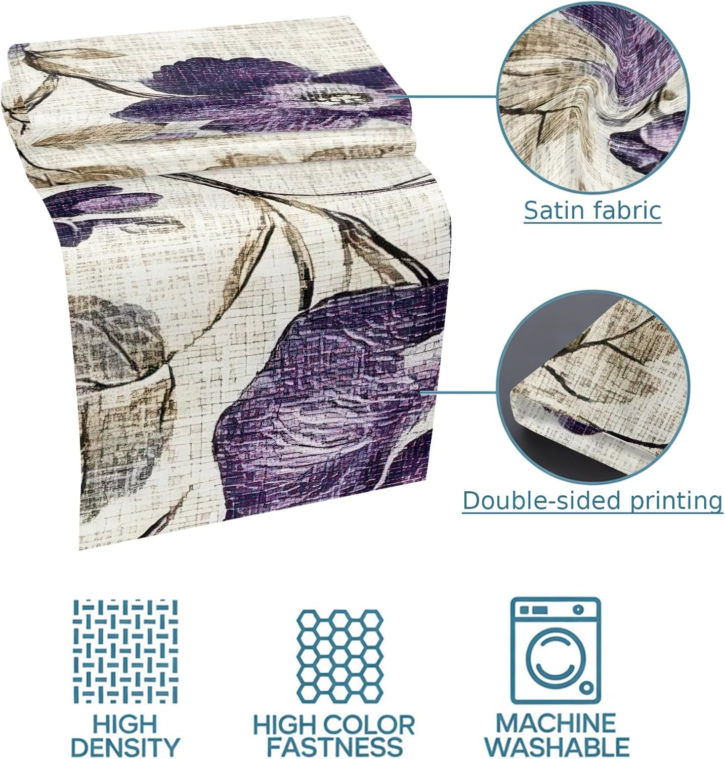 Spring Botanical Bed Runner Bedding Decorative Scarf for Fits Cal King Bed, Watercolor Purple Floral Leaf Vintage Beige Luxury Foot Throw with Satin for Hotels Homes, Guest Rooms, 102" x 20"