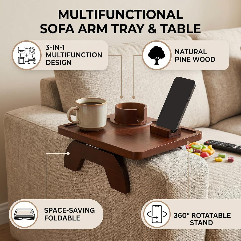 Couch Arm Tray, 3 in 1 Pine Wood Couch Armrest Table with 360 Rotating Stand and Cup Holder Non Slip Foldable Sofa Clip on Side Table for Drinks Snacks Phone Remote (Brown)