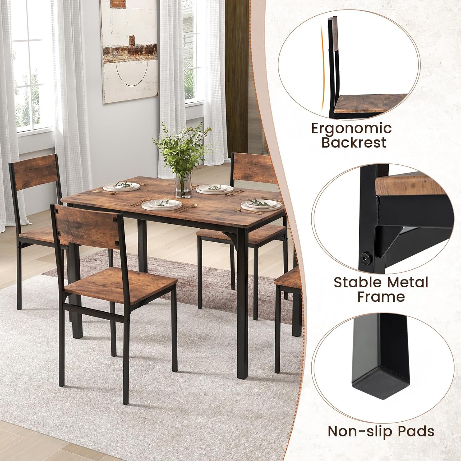 GOFLAME 5-Piece Dining Table Set, Industrial Kitchen Table and Chairs for 4 with Backrest and Metal Frame, Rectangular Space-Saving Dinette Set for Dining Room, Apartment, Small Space, Rustic Brown