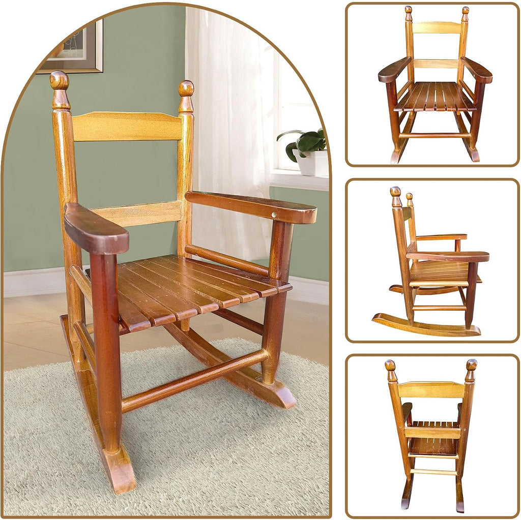HRVEOCEI Kids Rocking Chair Ages 3-5, Wooden Porch Rocker with Slatted Back Support for Living Room Indoor & Outdoor, Easy Assembly (Oak)