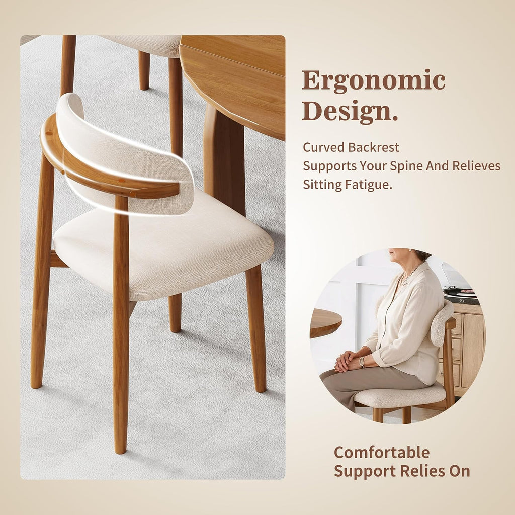 Dining Chairs Set of 6, Upholstered Wooden Dining Chairs, Mid Century Modern Fabric Kitchen Side Chairs with Ergonomic Curved Backrest, Farmhouse Chair for Kitchen Dining Room-Beige