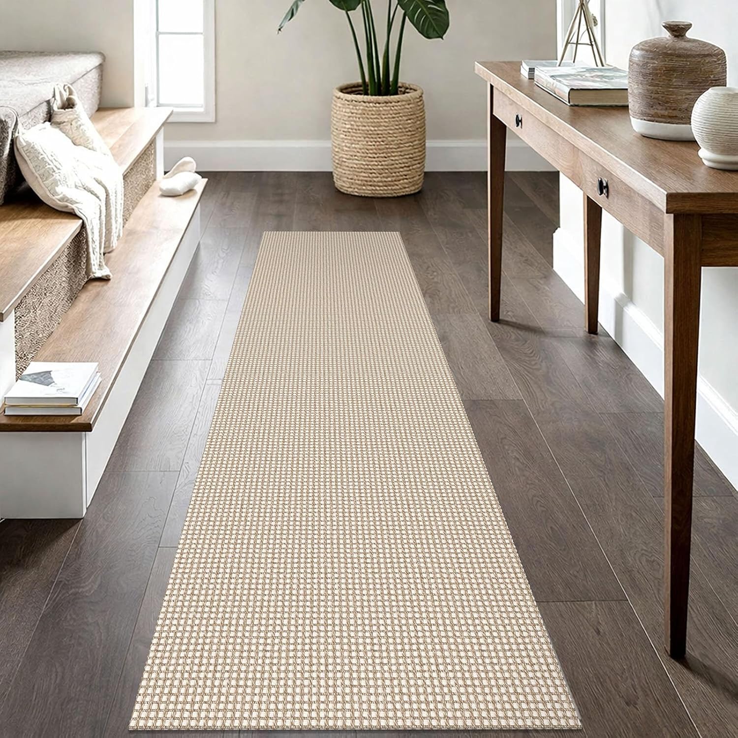 IOHOUZE Washable Runner Rug 2x8 Non Slip Rubber Backed Hallway Runner Entryway Runner Indoor, Kitchen Rugs Woven Cotton Floor Carpet for Kitchen Hall Entrance Bedroom, Cream/Beige