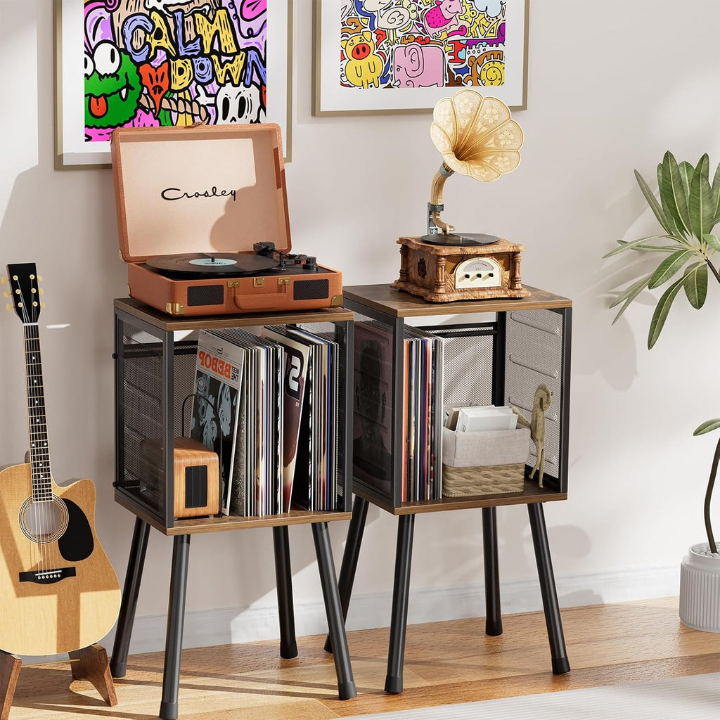 Simple Trending Record Player Stand, Storage up to 100 Albums, Vinyl Record Holder with Storage Shelf, Adjustable Divider, Rustic Brown
