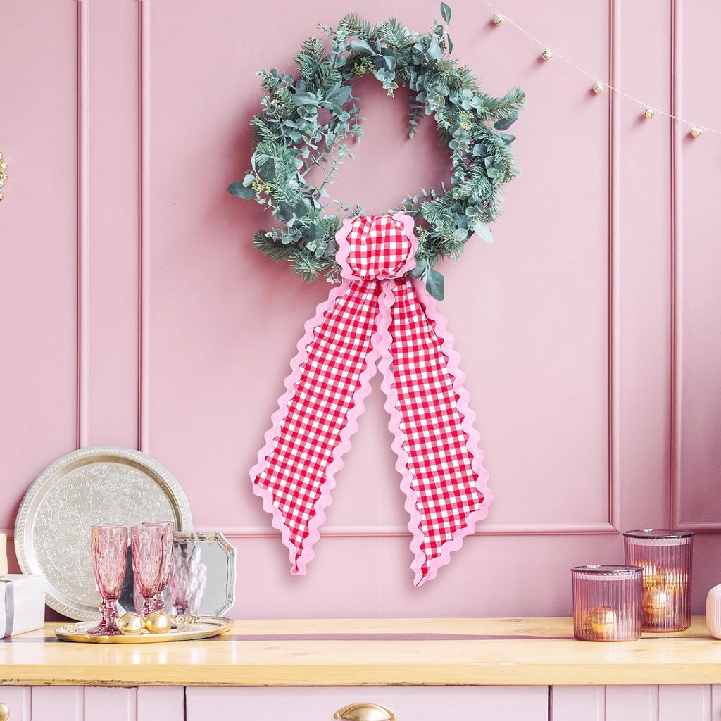 Whaline 2Pcs Wreath Sash for Front Door White Red Plaid Garland Ribbon for Holiday Wedding Birthday Party Home Decor Indoor Outdoor