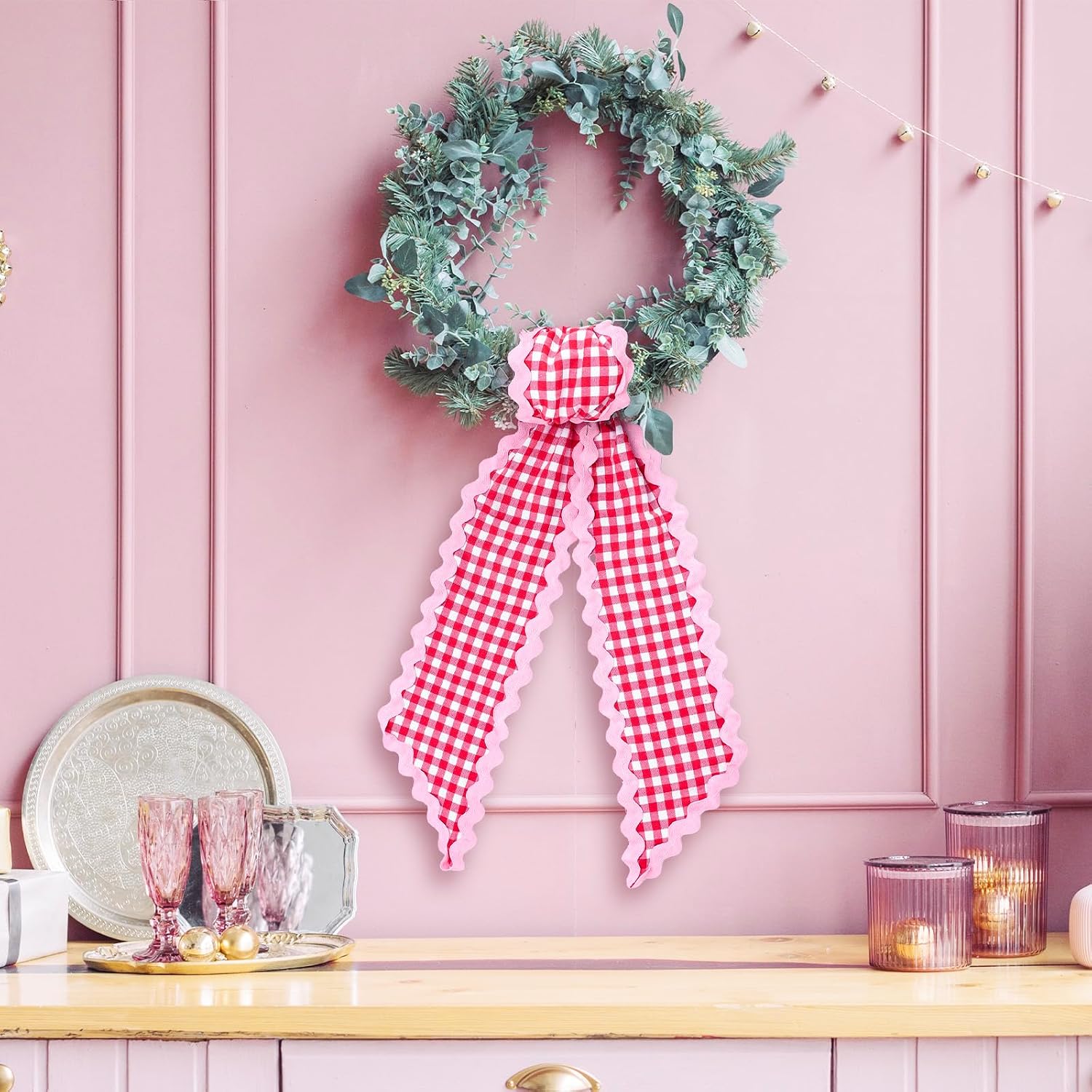 Whaline 2Pcs Wreath Sash for Front Door White Red Plaid Garland Ribbon for Holiday Wedding Birthday Party Home Decor Indoor Outdoor