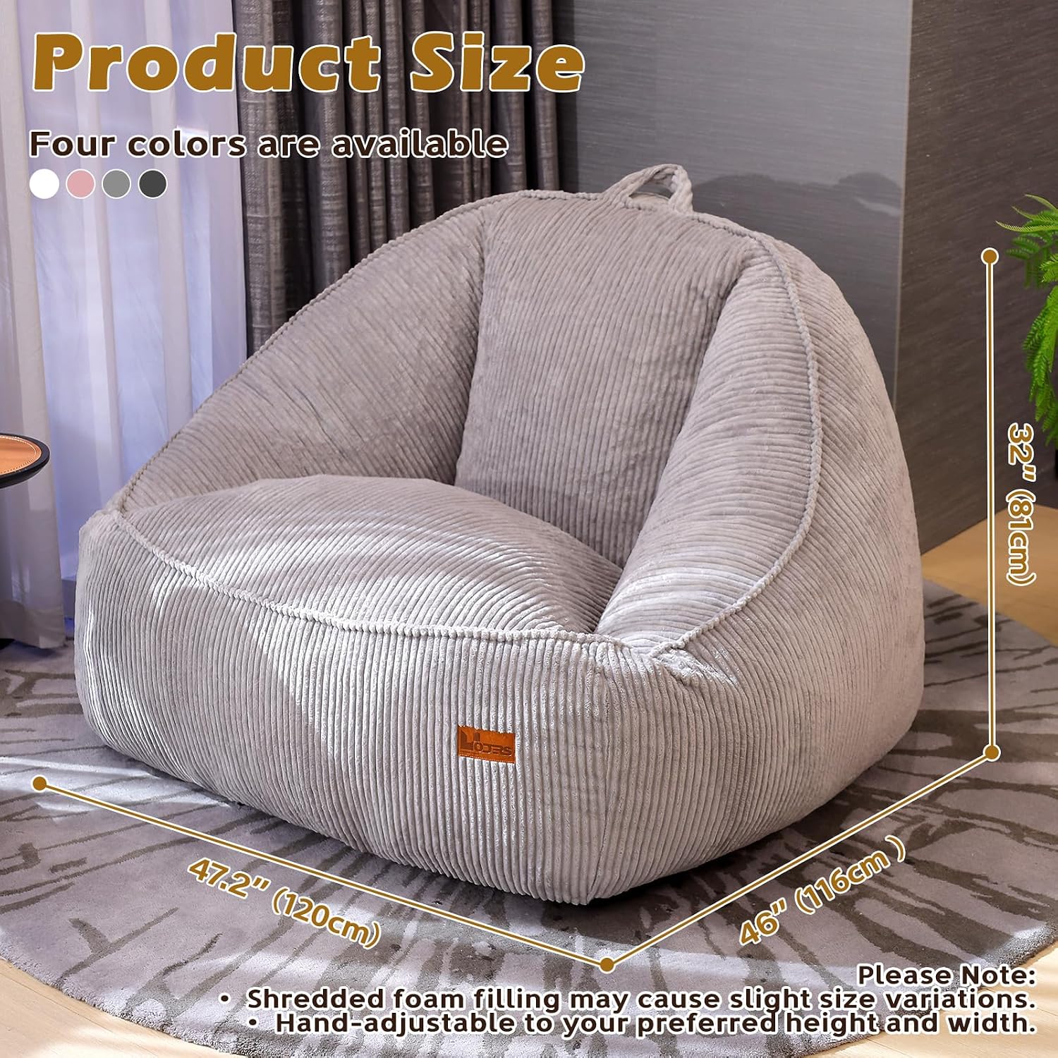 Giant Bean Bag Chair for Adults Teens and Kids, Cozy Fluffy Corduroy Beanbag Chair with Filler Large Floor Lounge Sofa for Living Room, Bedroom (L-Light Grey)