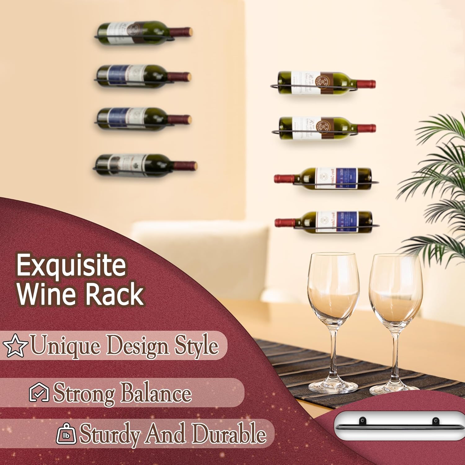 Wall Mounted Wine Rack: Horizontal Wine Holder with Sturdy Construction - Wine Racks Display for Kitchen Bar Home Dining Décor - 2 Packs