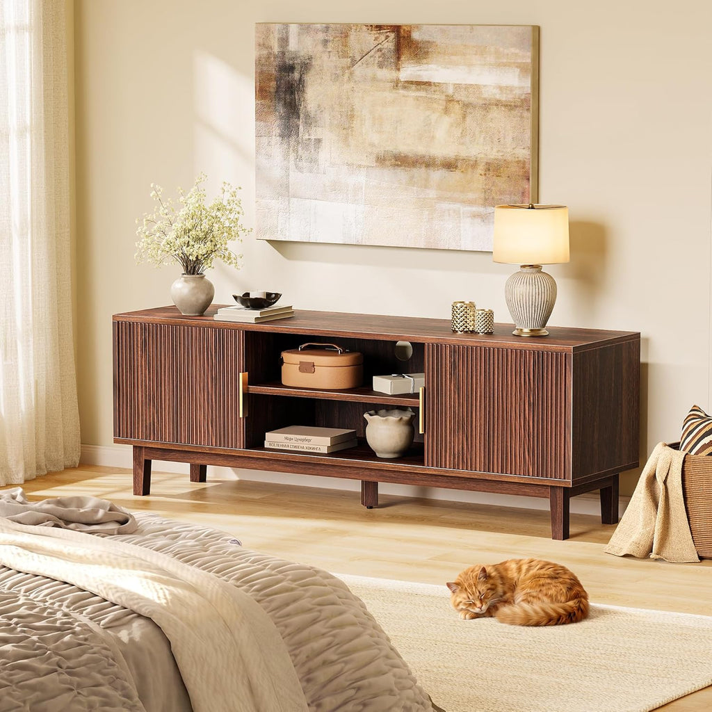 PRAISUN 54 Inch Fluted TV Stand for TVs Up to 55, 60 Inch, Mid Century Modern Entertainment Center with Storage, TV Console with Adjustable Shelves, Midea Console for Living Room Bedroom, Brown