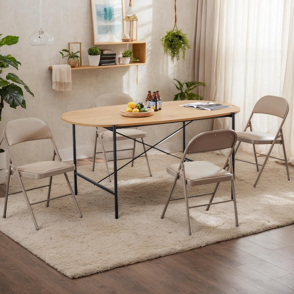 Folding Chairs 2 Pack, Portable Stackable Commercial Chair, Indoor Outdoor Padded Leather Chair with Sturdy Metal Frame, for Home, Office, or Party Events. (Kahki, 2 Pack)