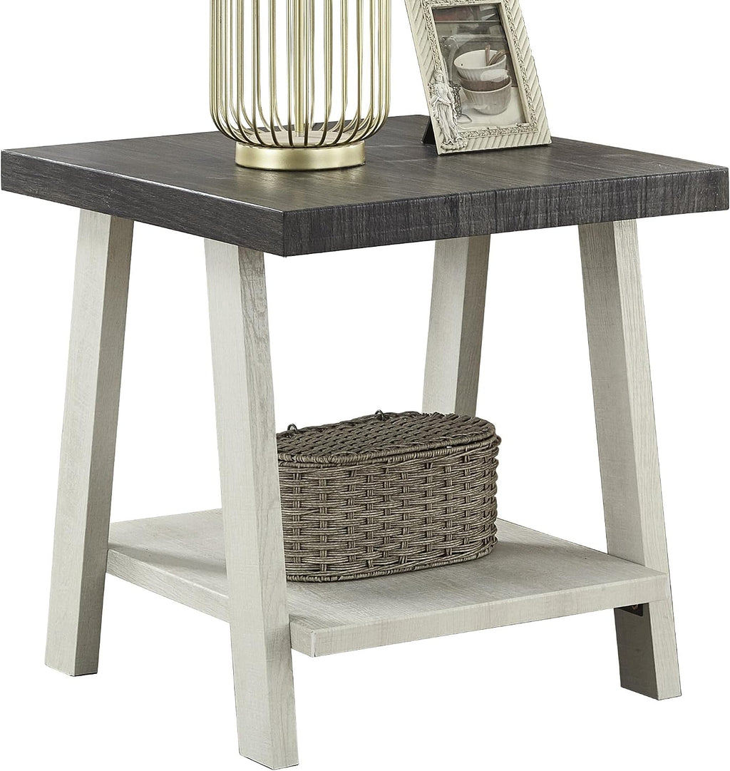 Modern Industrial Wooden End Table, 2-Tier Small Sofa Side Table with Storage for Living Room, Bedroom, Small Spaces, Charcoal + Beige