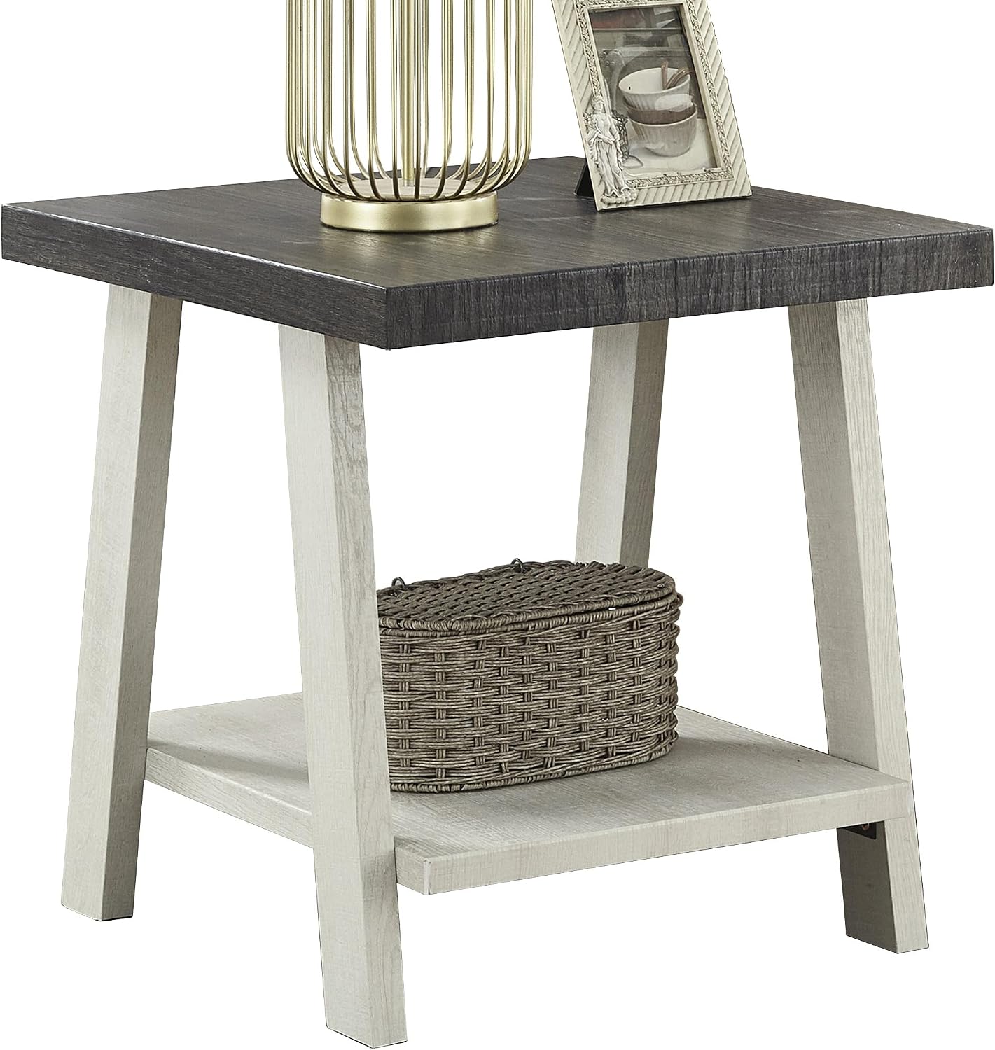 Modern Industrial Wooden End Table, 2-Tier Small Sofa Side Table with Storage for Living Room, Bedroom, Small Spaces, Charcoal + Beige