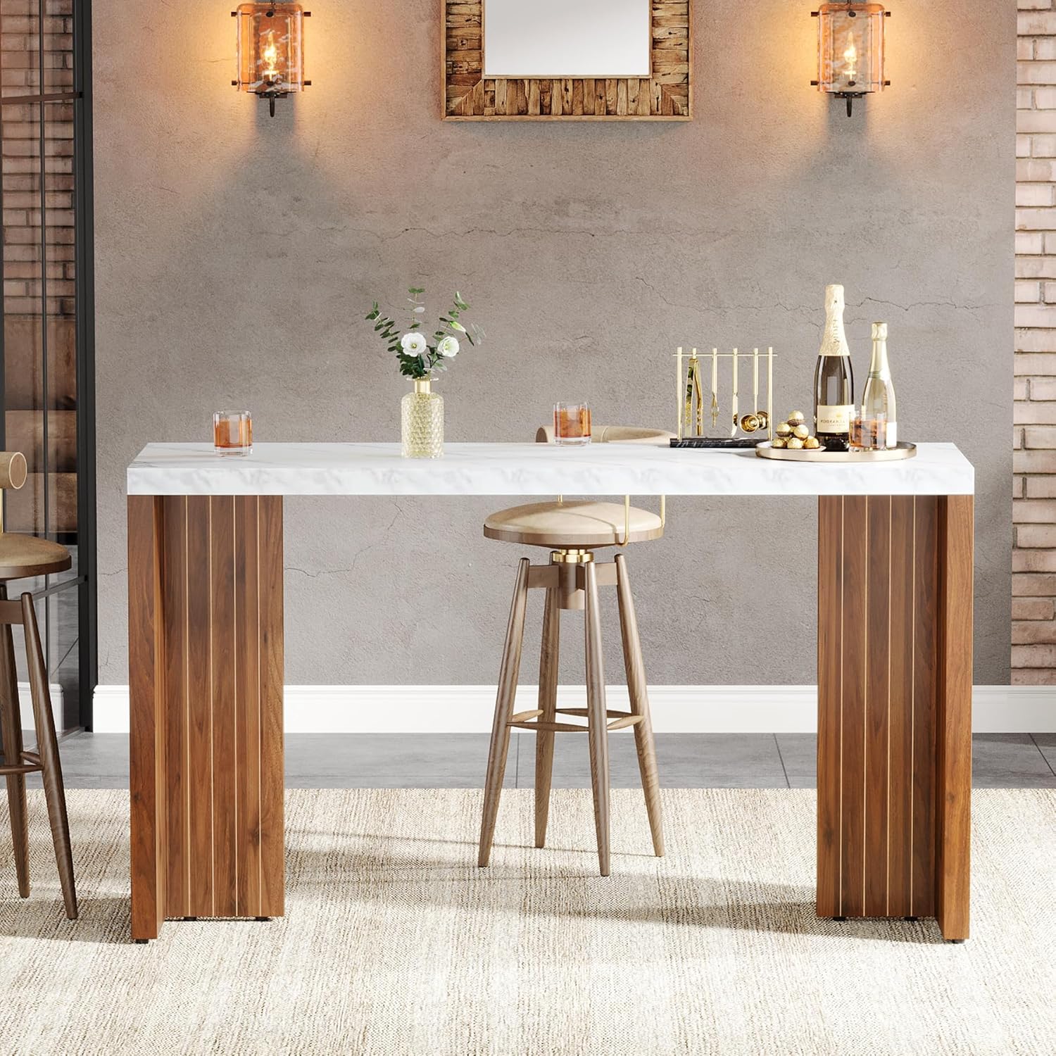 Tribesigns 55.12-Inch Bar Table, Modern Counter Height Pub Table with a Faux Marble Tabletop, Rectangular Home Coffee Bar Unit for Kitchen, Dining Room, Living Room, Balcony, Basement, Walnut & White