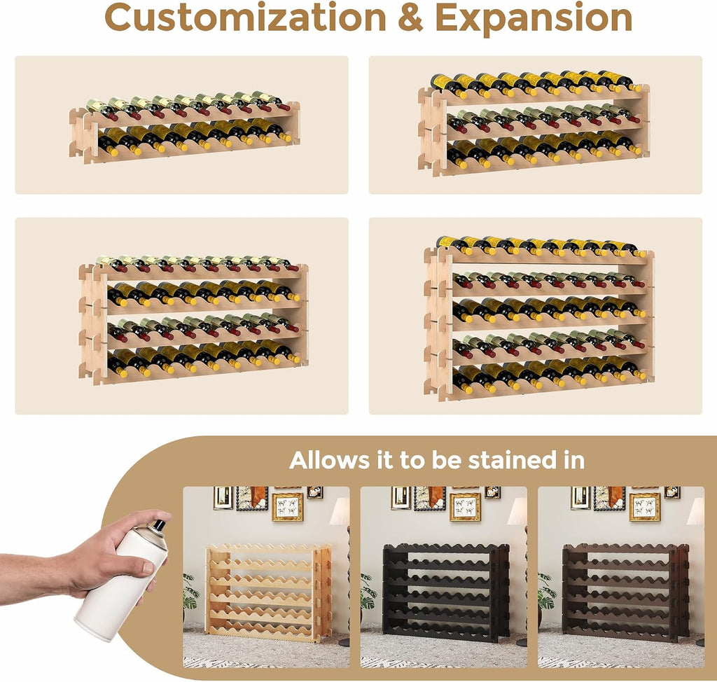 Stackable Wine Rack - 6-Tier Wobble-Free Modular Wine Holder, Freestanding Wooden Wine Storage Shelf for 750ML Bordeaux/Riesling/Burgundy Bottles, Fit Kitchen Cellar Gift for Wine Lovers(54 Bottle)