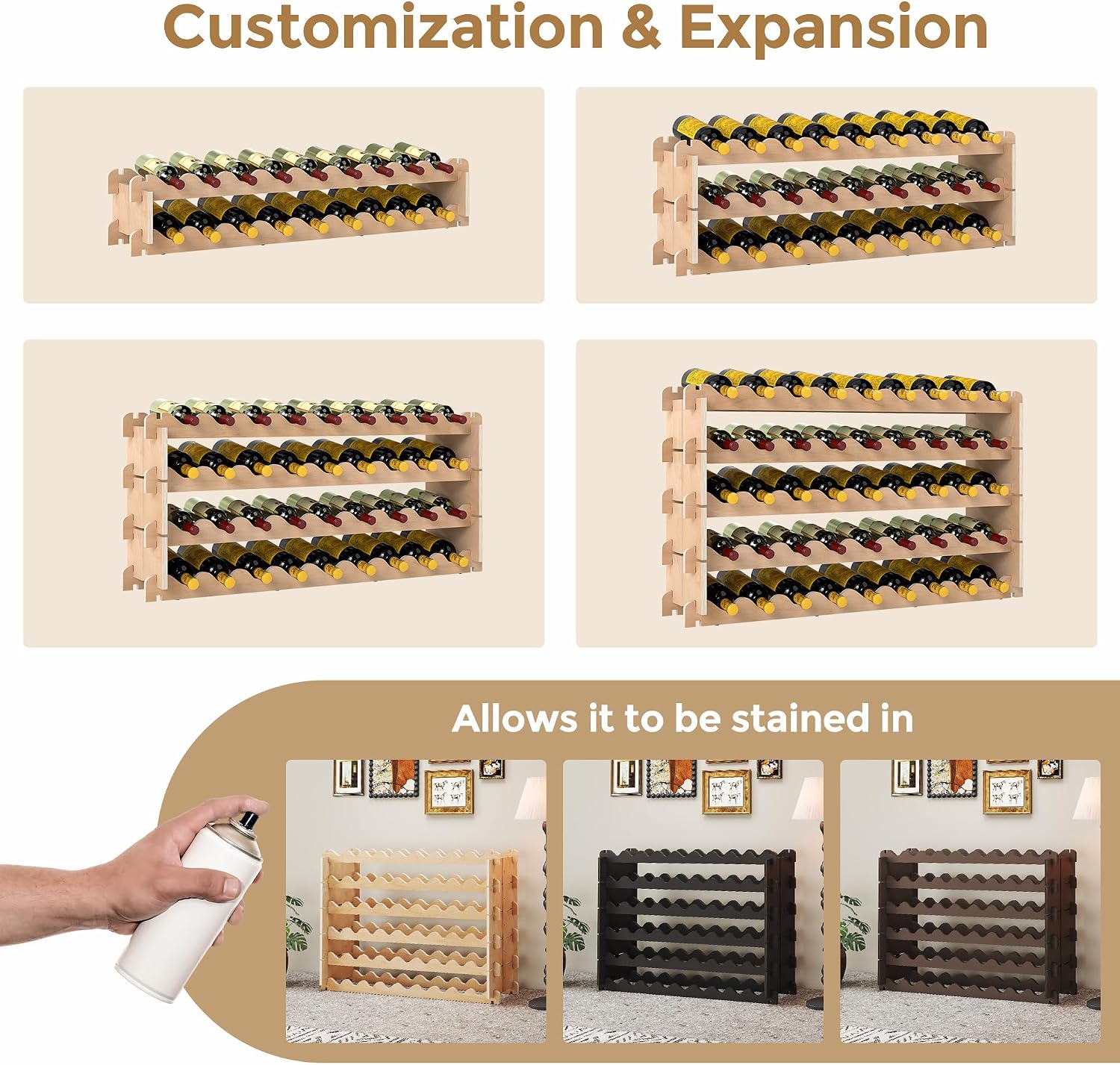 Stackable Wine Rack - 6-Tier Wobble-Free Modular Wine Holder, Freestanding Wooden Wine Storage Shelf for 750ML Bordeaux/Riesling/Burgundy Bottles, Fit Kitchen Cellar Gift for Wine Lovers(54 Bottle)