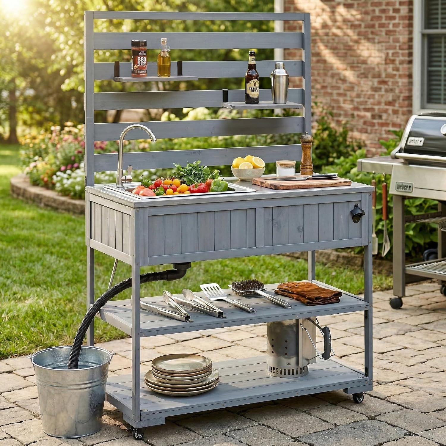 RuiSiSi Patio Rolling Kitchen Island Solid Wood Kitchen Cart with Sink, Garden Potting Bench with Stainless Table Top, 2 Movable Shelves and 1 Bottle Opener, Grey