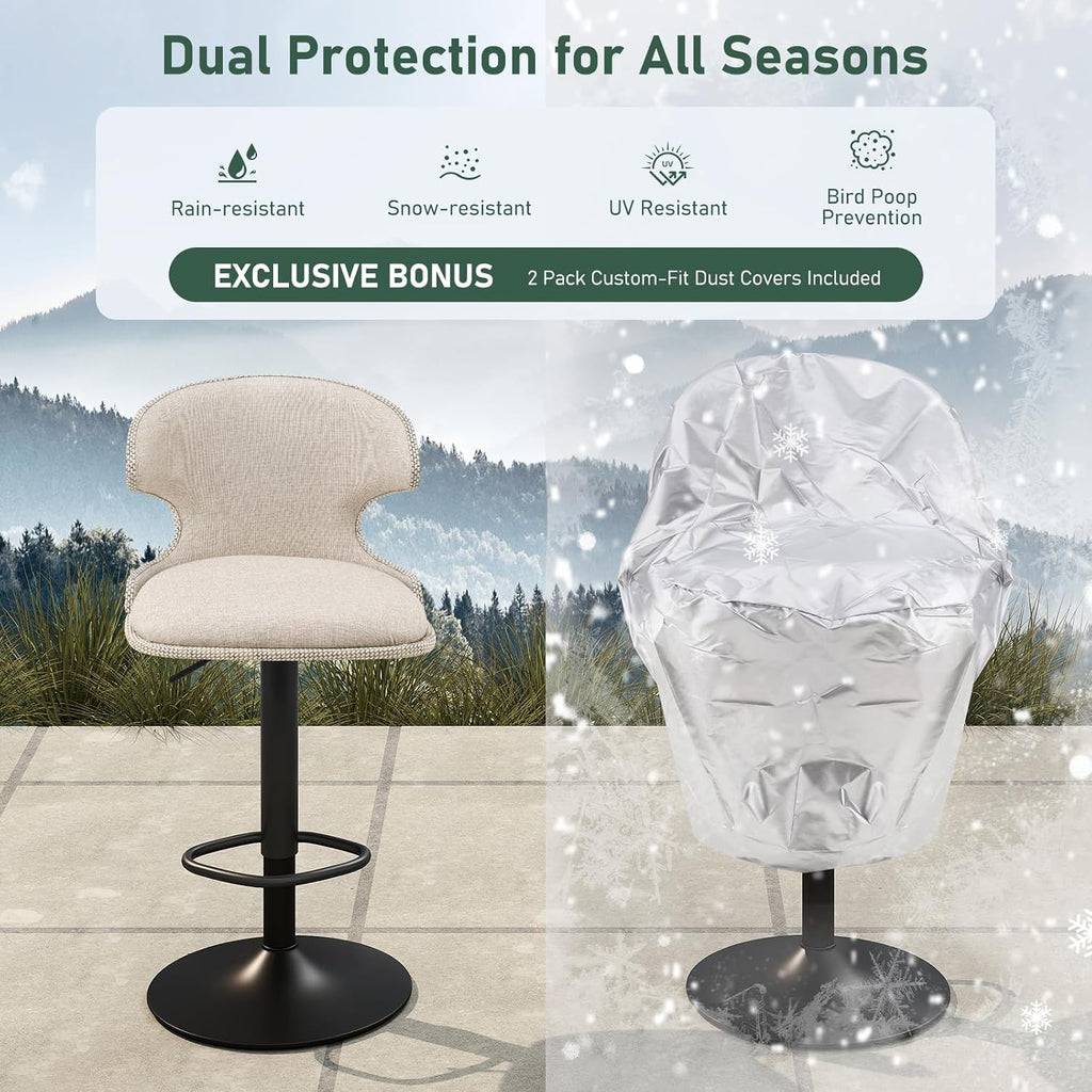 Furnimart Outdoor Bar Stools Set of 2, 360° Swivel Patio Bar Chairs with Adjustable Height & Waterproof Cover, PU Seat & Textilene Mesh Back, Counter & Bar Height Stools for Backyard, Balcony, Beige