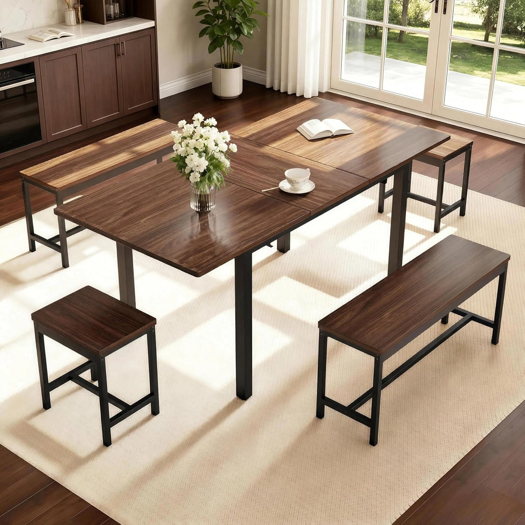 GarveeHome 5-Piece Dining Table Set for 4-8 People, 63 in Large Extendable Kitchen Table Set with 2 Benches and 2 Square Stools, Modern Dining Room Furniture Sets, Easy Assembly, Espresso