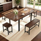 GarveeHome 5-Piece Dining Table Set for 4-8 People, 63 in Large Extendable Kitchen Table Set with 2 Benches and 2 Square Stools, Modern Dining Room Furniture Sets, Easy Assembly, Espresso