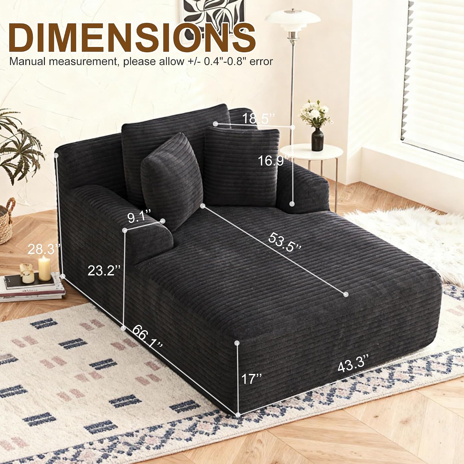 Avenix 66" Oversized Boneless Chaise Lounge Chair Indoor, Cloud Corduroy Reading Chair Deep Seat Sofa Couch Bed with 3 Pillows for Living Room, No Assembly Required, Black