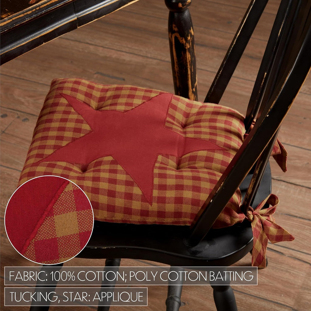 VHC Brands 14"x14" Chair Cushion for Small Dining Chairs with Ties, Burgundy Tan Star Check Plaid, Primitive Farmhouse Indoor Kitchen Seat Cushion, Set of 4
