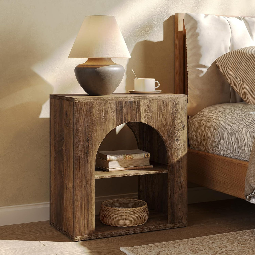 LITTLE TREE 3-Tier End Table, Small Wooden Side Table with Open Storage Shelf for Living Room, Rustic Narrow Night Stand, Bedside Table for Bedroom, Small Space, Easy Assembly