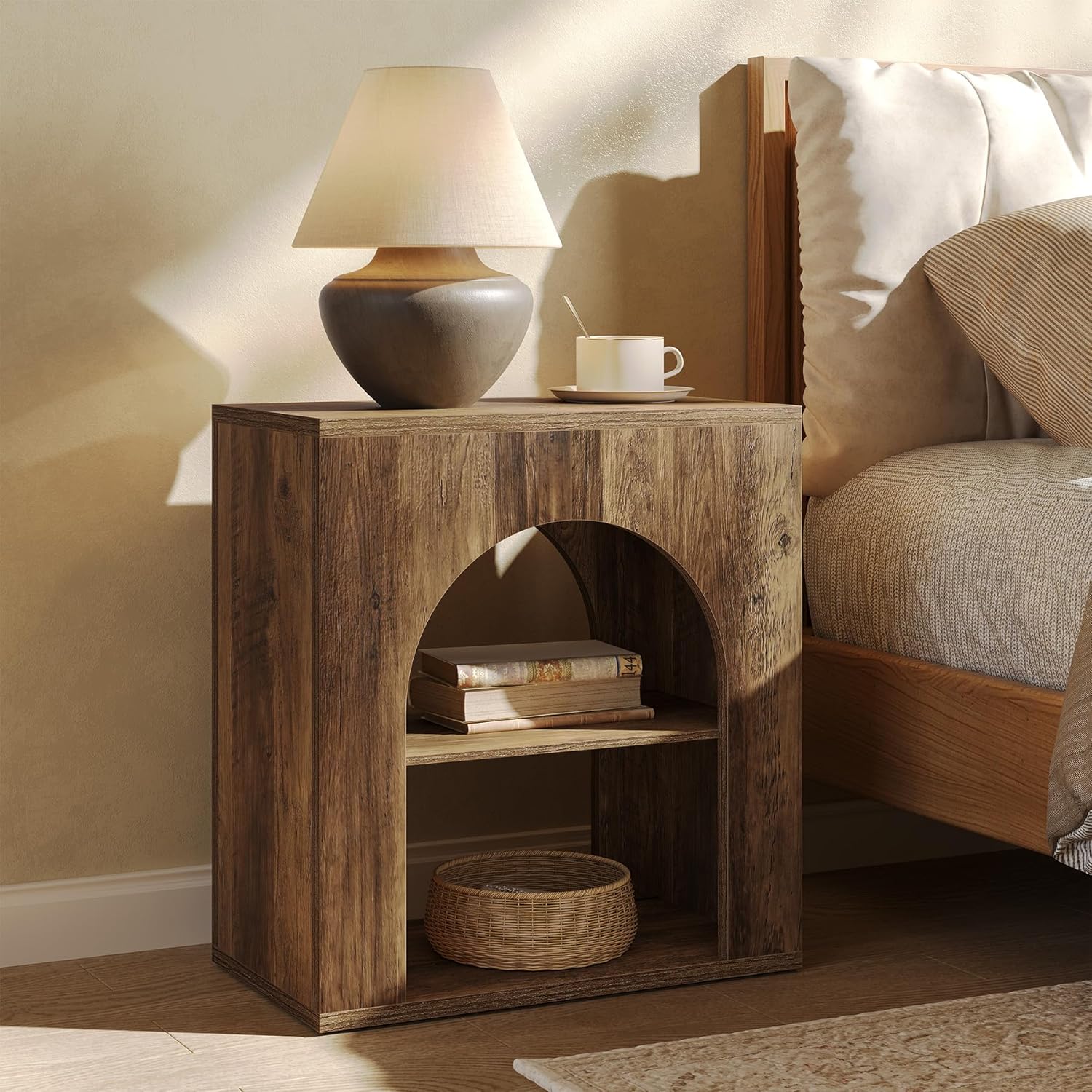 LITTLE TREE 3-Tier End Table, Small Wooden Side Table with Open Storage Shelf for Living Room, Rustic Narrow Night Stand, Bedside Table for Bedroom, Small Space, Easy Assembly
