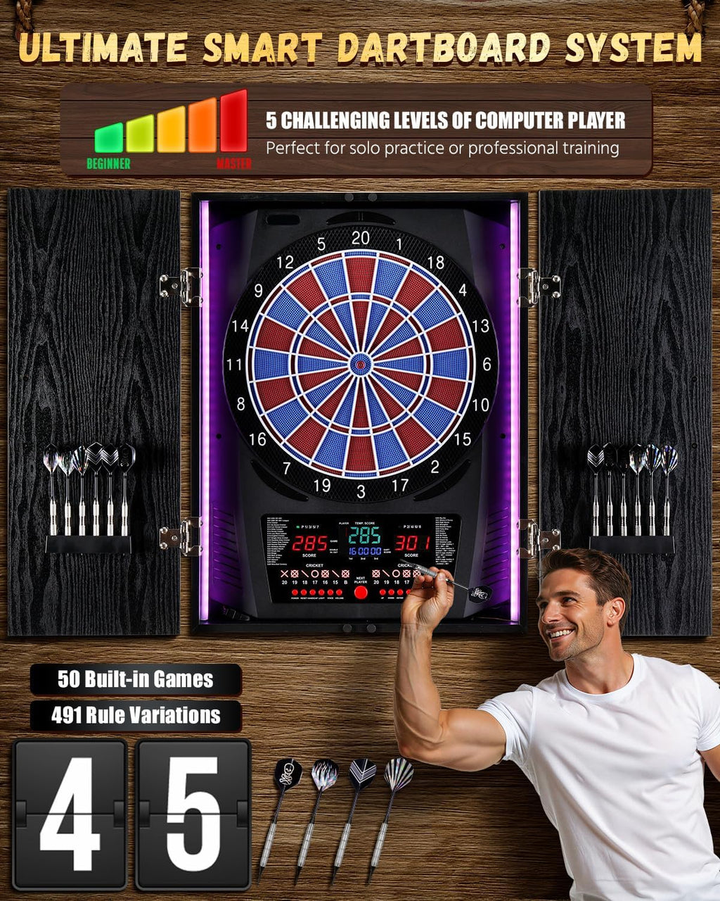 Electronic Dart Board, Electric Dartboard for Adults [12*Bronze Soft Tip Darts] 8-Color LED for 8 Players-Rustic Dart Board Cabinet for Home & Bar