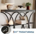 Garvee 39" Narrow Console Tables for Entryway, Industrial 3-Tier Sofa Table with Round Metal Base and Storage Shelves for Living Room, Hallway, Foyer, Black Wood Grain