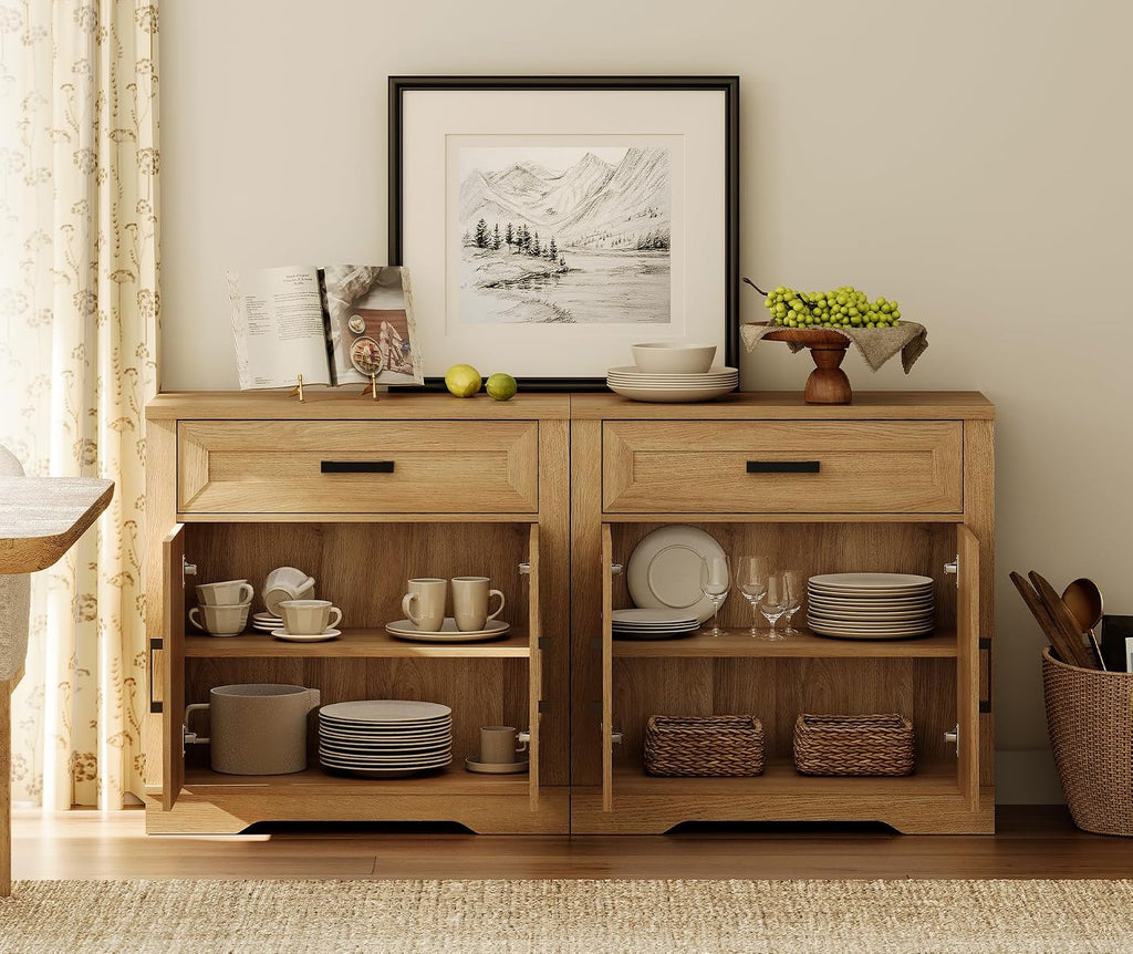 WAMPAT 2-in-1 Vintage Farmhouse Style Buffet Sideboard Cabinet with Storage, 63-inch Rustic Wood Accent Cabinet with Drawers and Barn Doors for Kitchen, Coffee Bar,Walnut