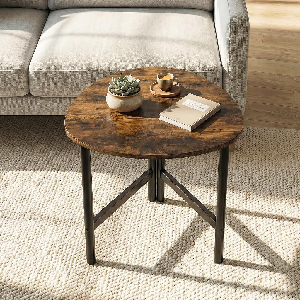 GOFLAME Triangular End Table, Modern Sofa Couch Side Table with Wood Faux Marble Top & Metal Legs, Small Coffee Tables for Small Spaces, Living Room, Nightstand for Bedroom (Rustic Brown & Black,1)