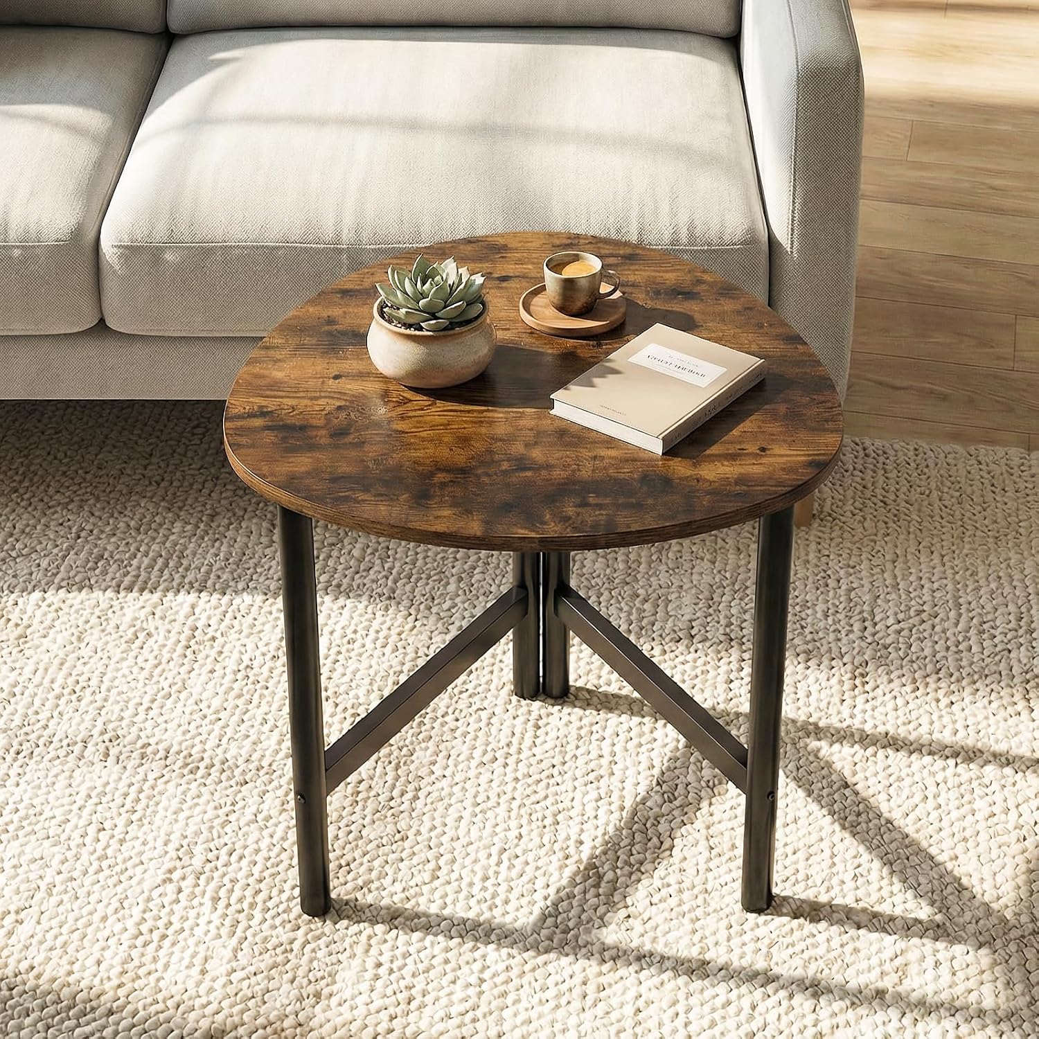 GOFLAME Triangular End Table, Modern Sofa Couch Side Table with Wood Faux Marble Top & Metal Legs, Small Coffee Tables for Small Spaces, Living Room, Nightstand for Bedroom (Rustic Brown & Black,1)