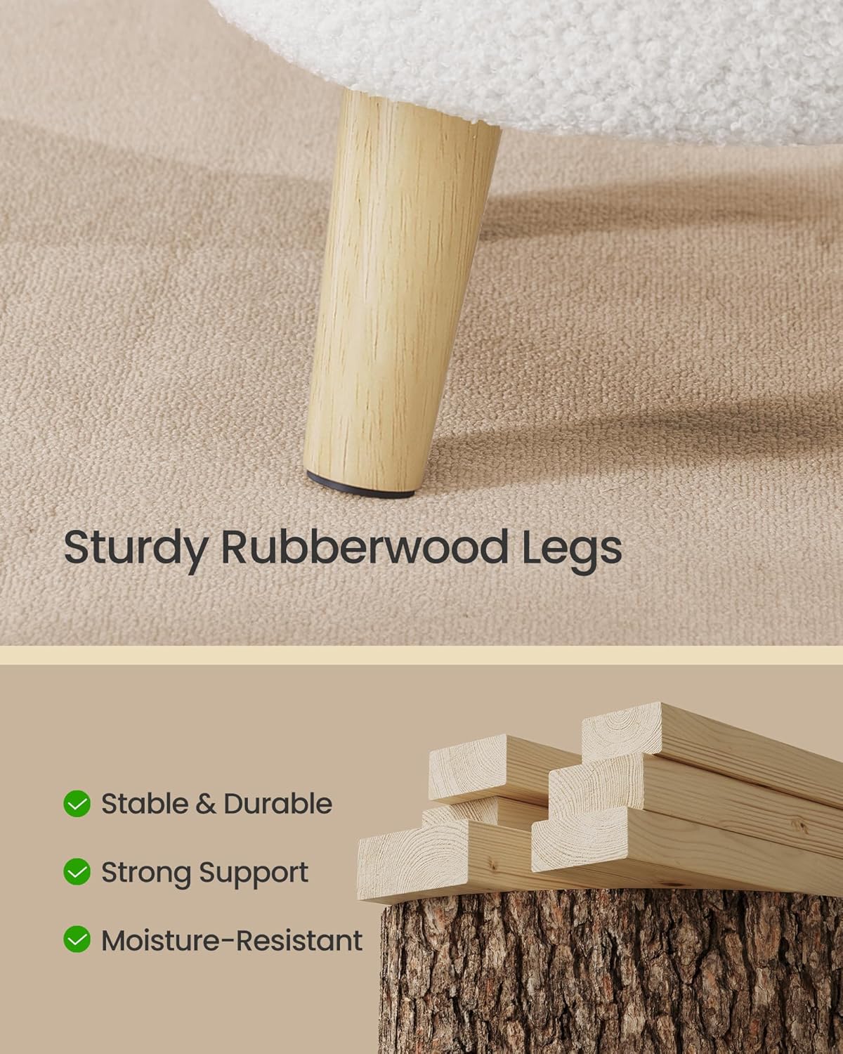 SONGMICS Storage Ottoman, Foot Stool, Round Ottoman with Padded Seat, Foot Rest with Wood Legs, Small Table, for Hallway, Living Room, 12.2 Inches, Teddy Fleece, White ULOM515WD01