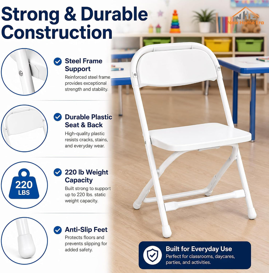 Timmy Kids Plastic Folding Chair, White Kids Chair with Steel Frame, Portable Foldable Child Chair for Classroom, Daycare, Parties & Events, 220 lb Capacity (White, Pack of 10)