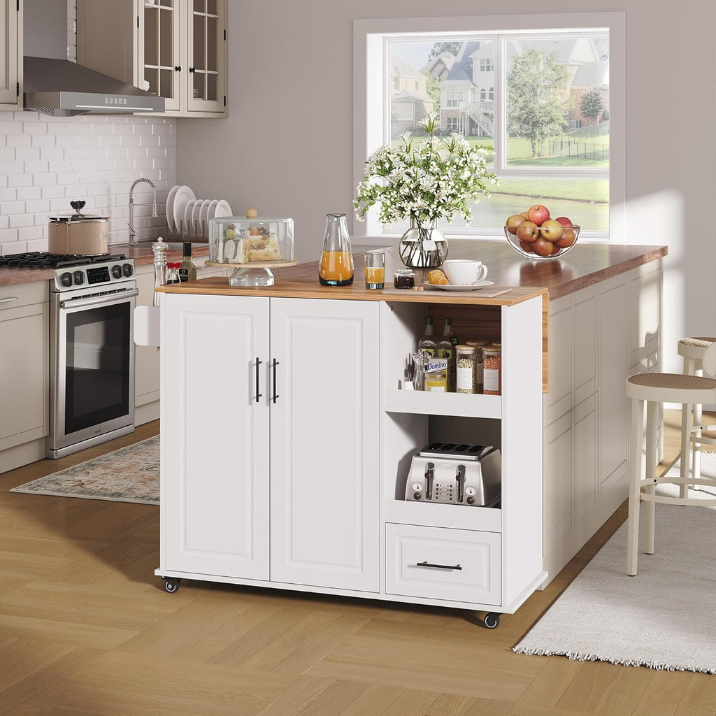IDEALHOUSE Rolling Kitchen Island on Wheels, 48'' Mobile Kitchen Cart with Drop Leaf, Butcher Block Island with Open Shelf, Drawer, Spice Rack, Wood Top, and Lockable Wheels