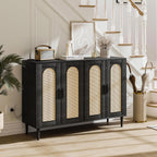 Patikuin Rattan Sideboard Buffet Cabinet, Boho Accent Storage Cabinet, 4 Doors Console Table Coffee Bar with Power Outlet, Adjustable Shelves for Kitchen, Dining Room, Hallway, Living Room (Black_1)