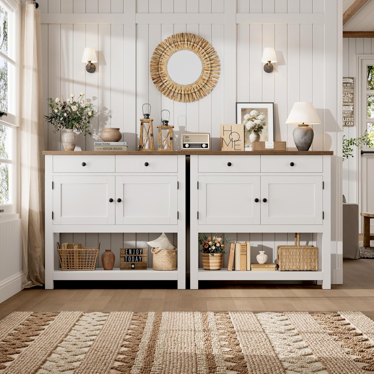 HOSTACK Farmhouse Console Table with 2-Door Cabinet & 2 Drawers, Coffee Bar, Entryway Table with Storage Shelf, Sofa Tables Buffet Sideboard for Kitchen, Hallway, Dining, Living Room, White