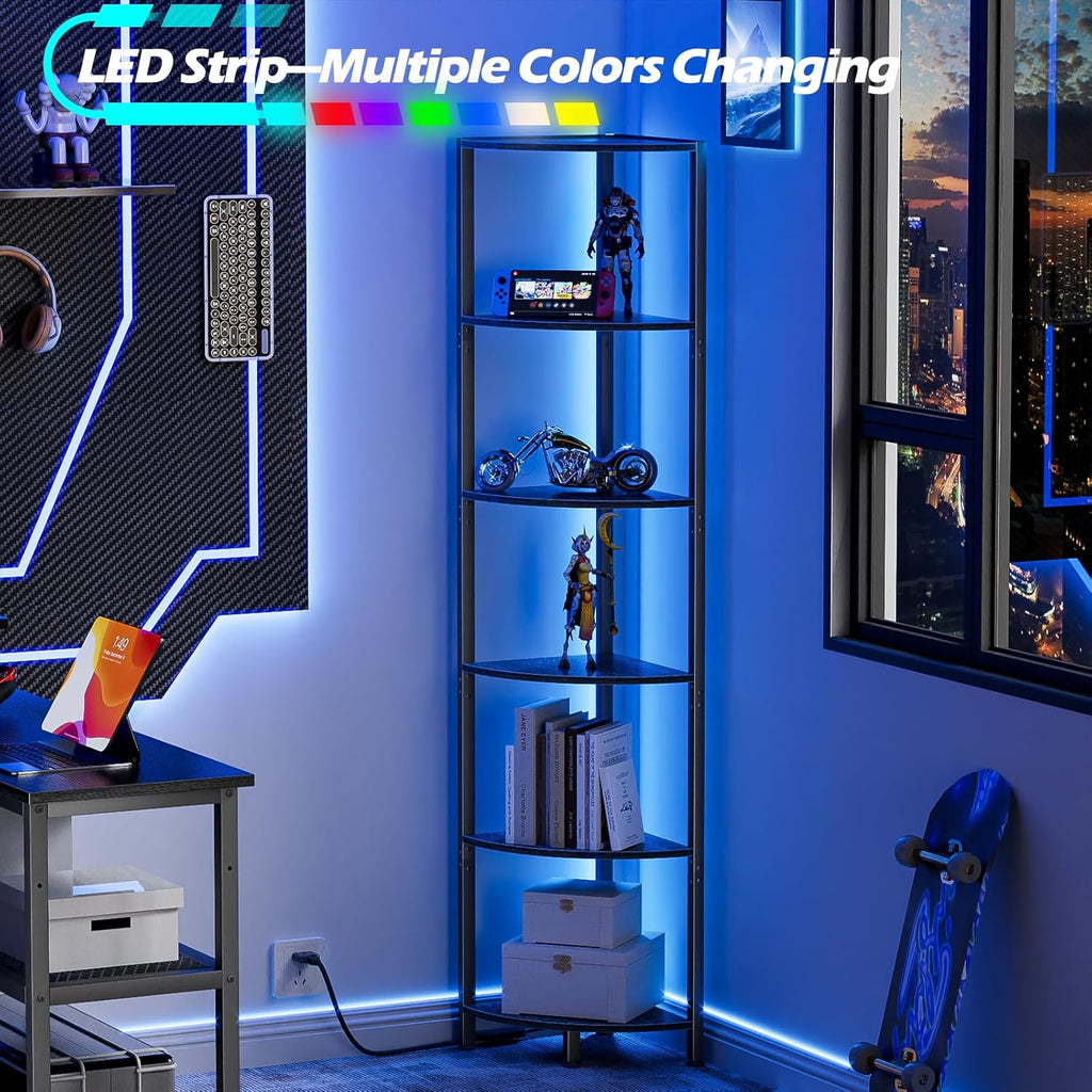 Furnulem 6 Tier Corner Shelf with LED Light, 67.5” Tall Standing Shelf Organizer, Black Narrow Bookshelf with Storage Rack for Wall Corner, Living Room, Bedroom, Metal Frame, Wood Display Shelf