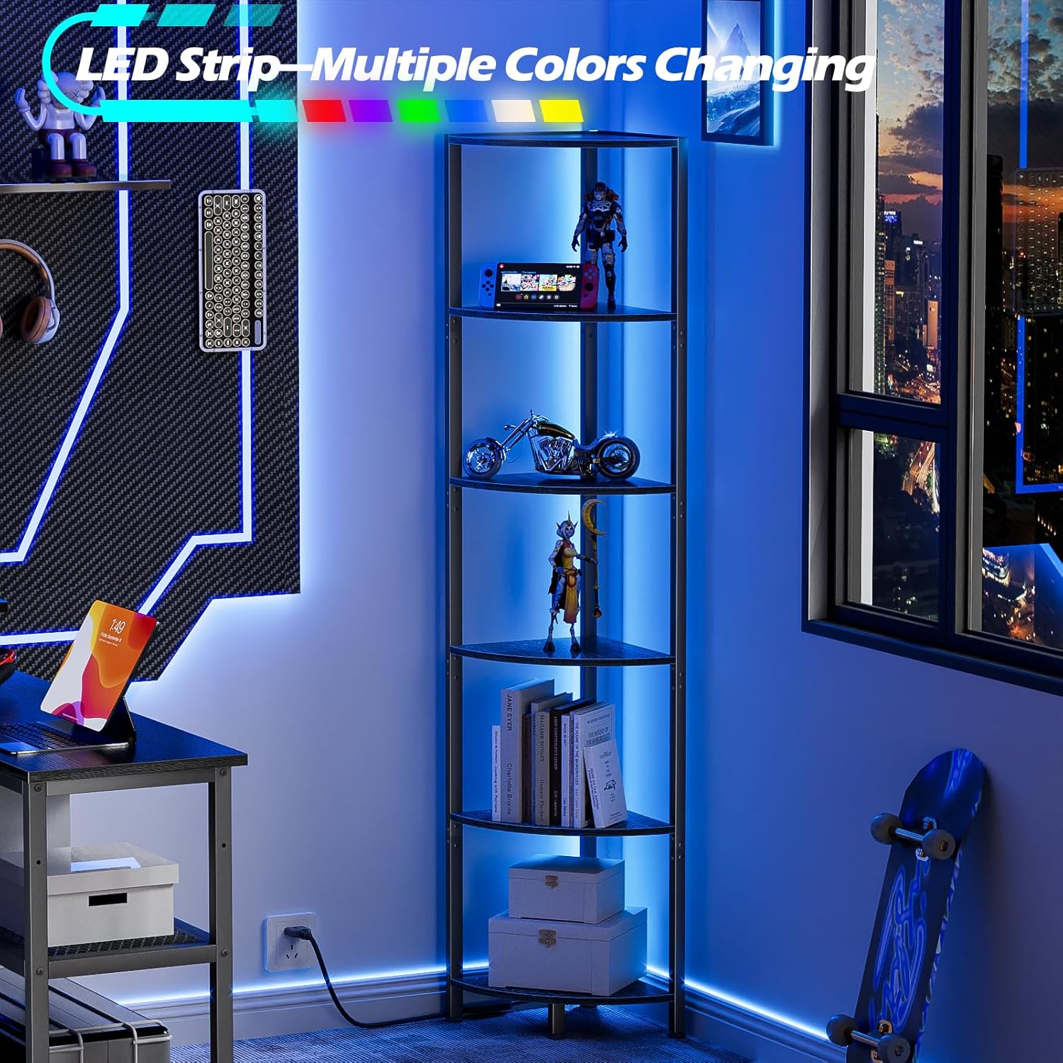 Furnulem 6 Tier Corner Shelf with LED Light, 67.5” Tall Standing Shelf Organizer, Black Narrow Bookshelf with Storage Rack for Wall Corner, Living Room, Bedroom, Metal Frame, Wood Display Shelf