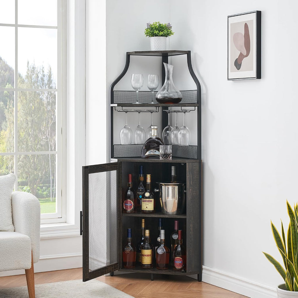 Corner Wine Bar Rack Cabinet with Detachable Wine Rack, Bar Cabinet with Glass Holder, Small Sideboard and Buffet Cabinet with Mesh Door (Dark Rustic Oak)