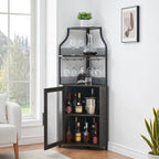 Corner Wine Bar Rack Cabinet with Detachable Wine Rack, Bar Cabinet with Glass Holder, Small Sideboard and Buffet Cabinet with Mesh Door (Dark Rustic Oak)
