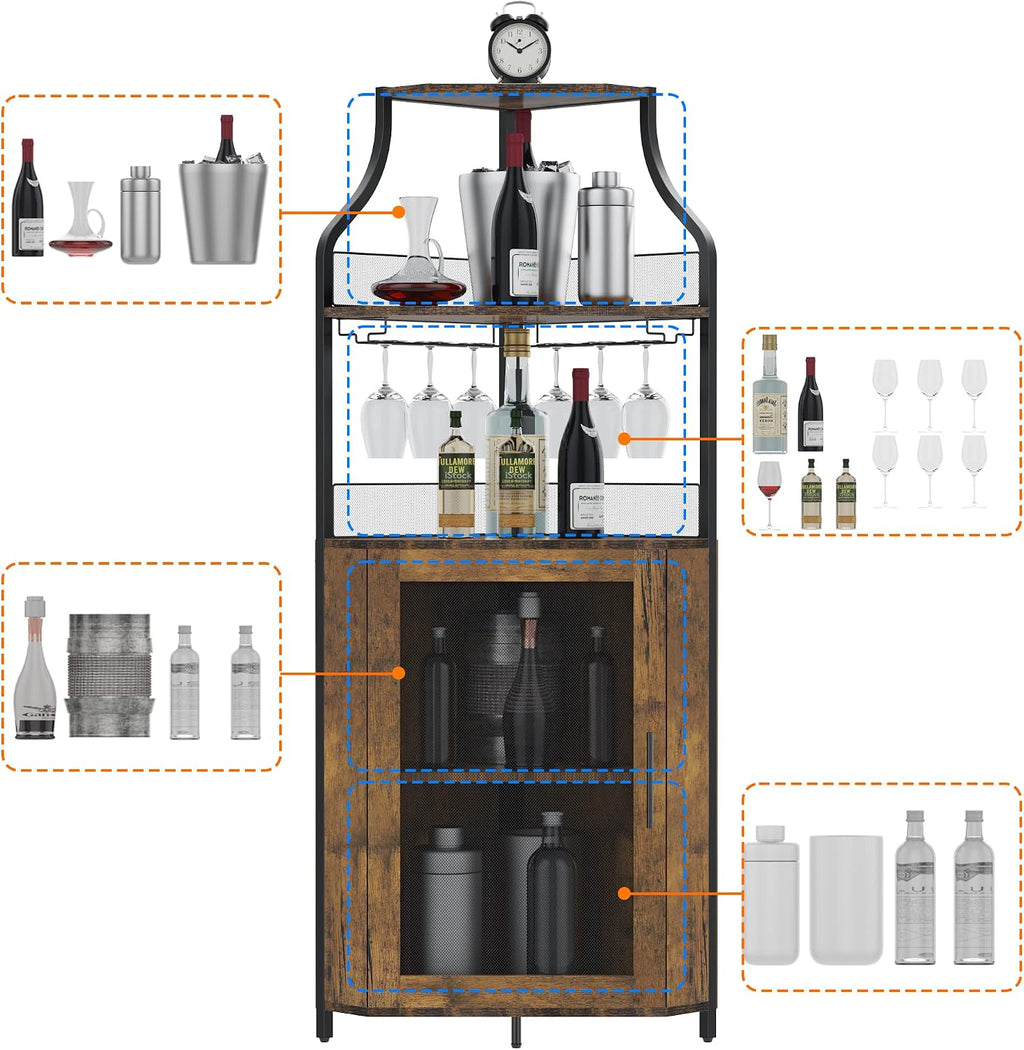 Corner Wine Cabinet Removable Design with Glass Shelves Mesh Doors Compact Sideboard and Buffet Cabinet Ideal for Home Bar and Living Room Storage